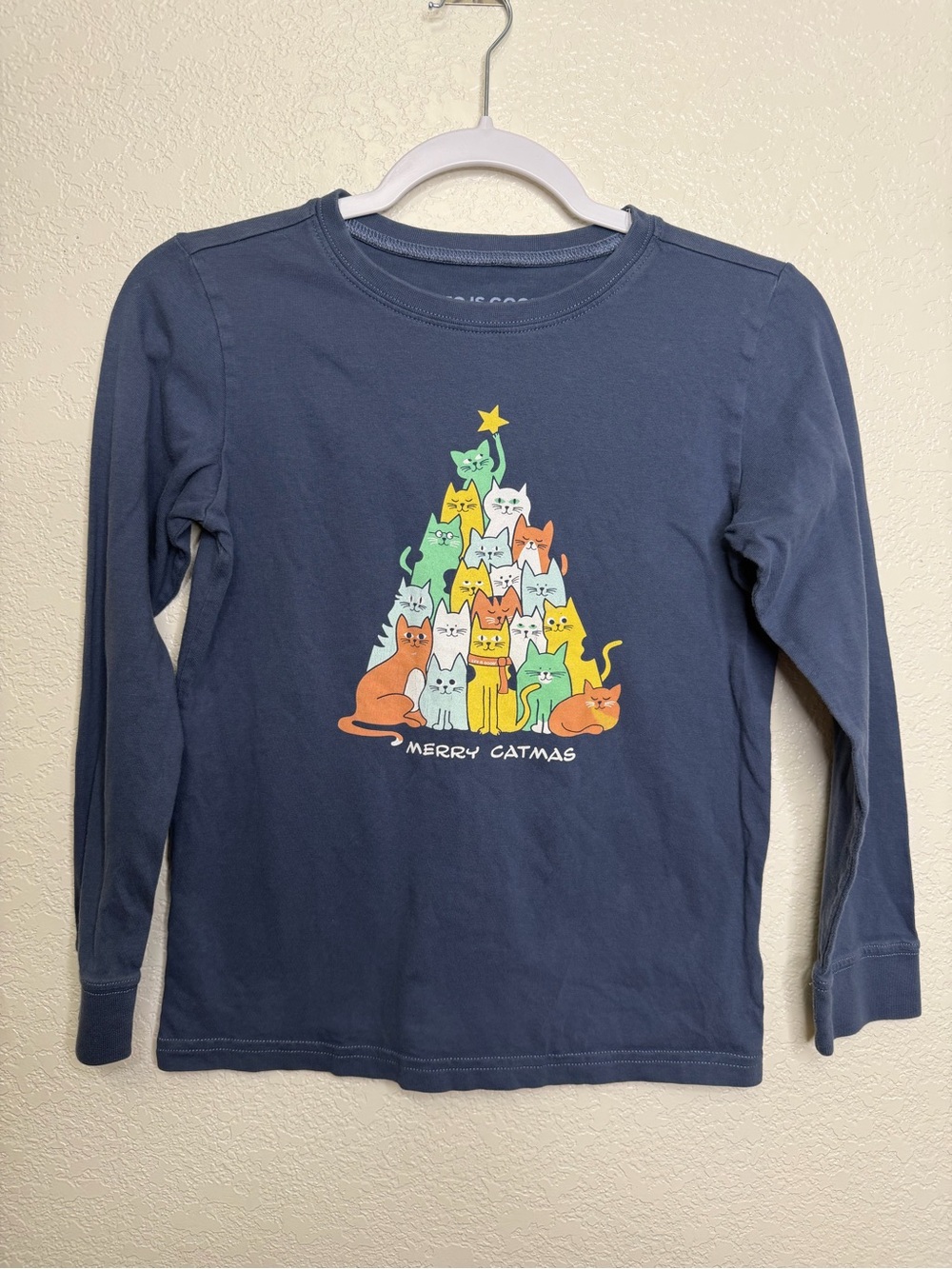 Life Is Good Merry Catmas Long Sleeve T-Shirt Kids Sz L Cats Kittens Christmas